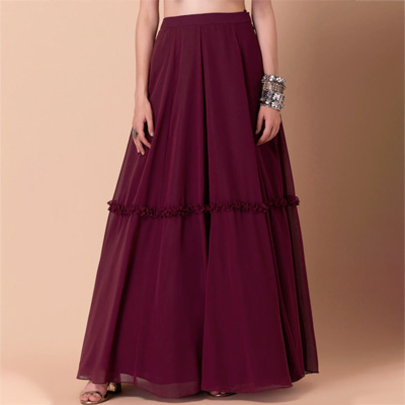 Women Maroon Solid Tiered Lehenga Skirt