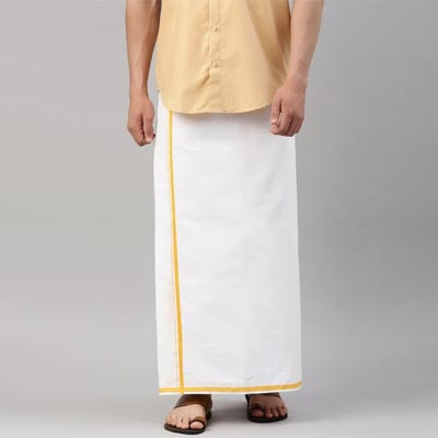 Men White & Yellow Solid Pure Cotton Dhoti