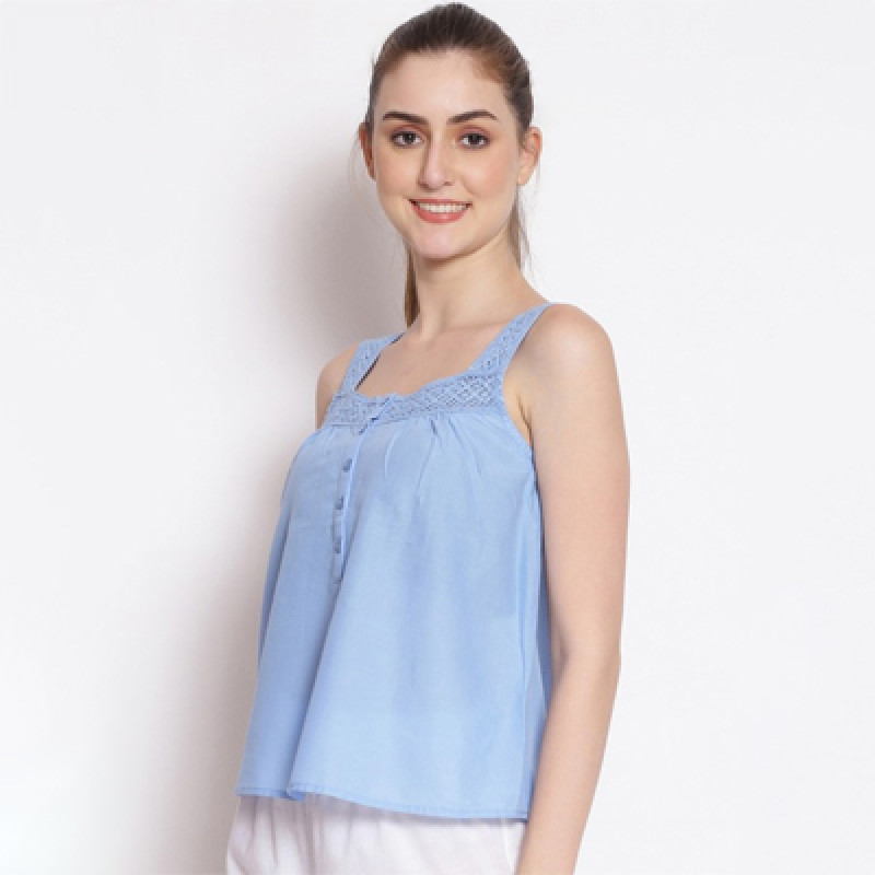 Women Blue Solid Cotton Lounge Top