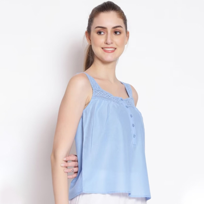 Women Blue Solid Cotton Lounge Top