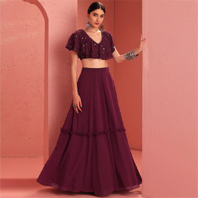 Women Maroon Solid Tiered Lehenga Skirt