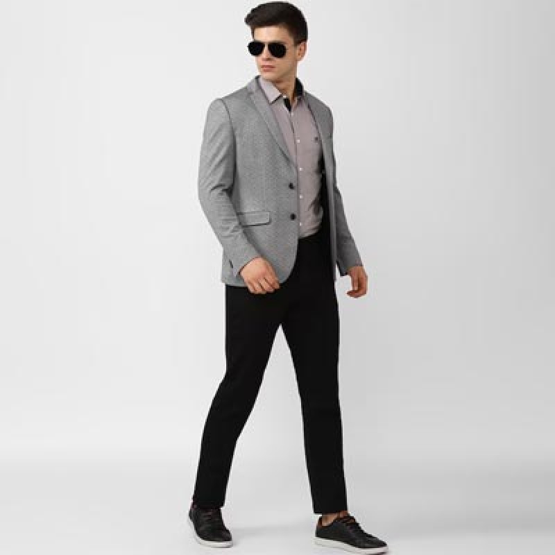 Men Grey Printed Single-Breasted Slim-Fit Formal Blazer