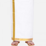 Men White Pure Cotton Single layer Dhoti with Gold Zari Border