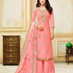 Peach-coloured and gold-toned embroidered unstitched dress material 