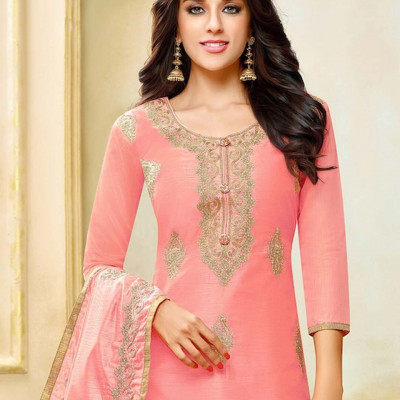 Peach-coloured and gold-toned embroidered unstitched dress material 