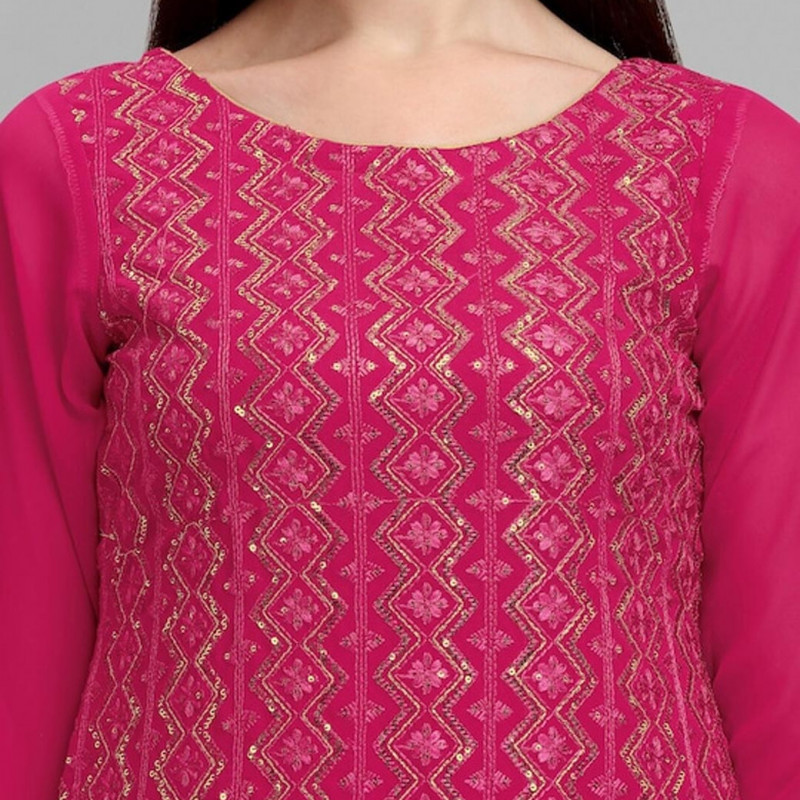 Magenta embroidered semi-stitched dress material