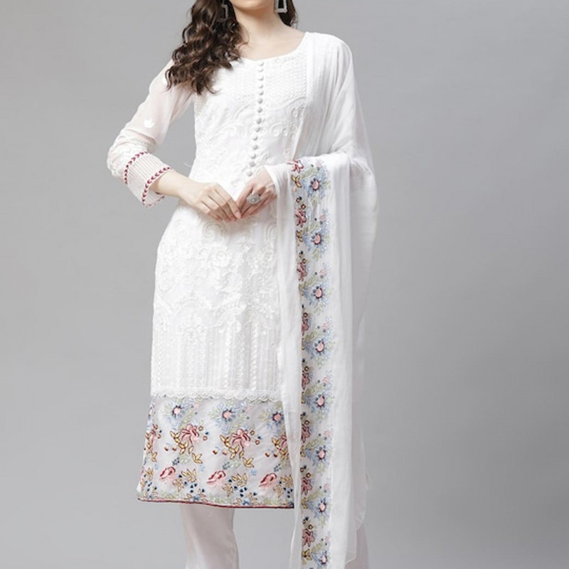 White embroidered unstitched dress material 