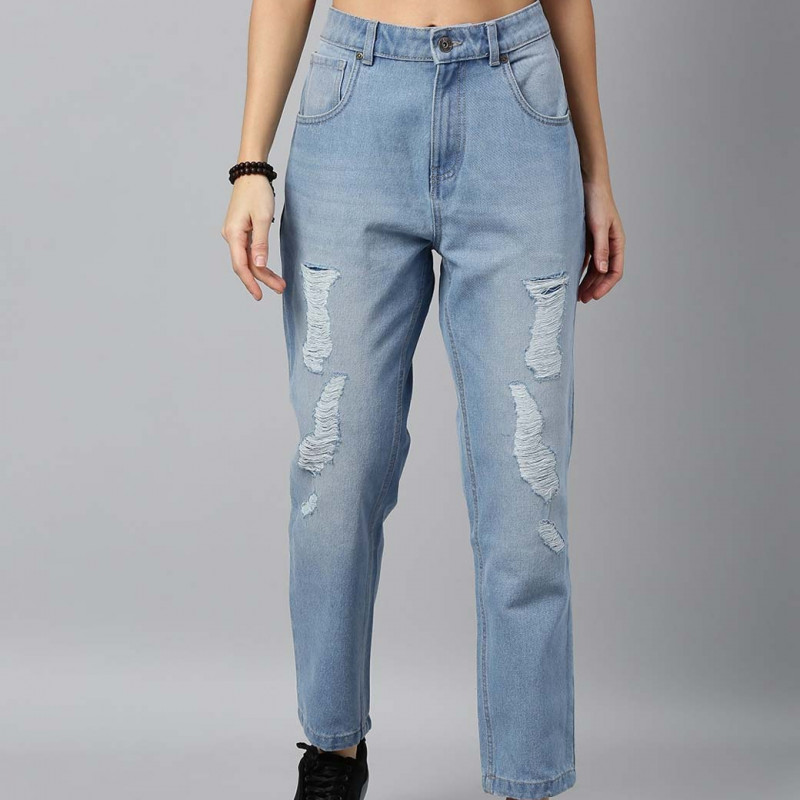 Women Blue Boyfriend Fit Mid-Rise Clean Look Stretchable Jeans