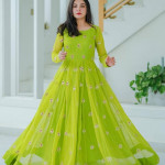 Green embroidered semi-stitched dress material 