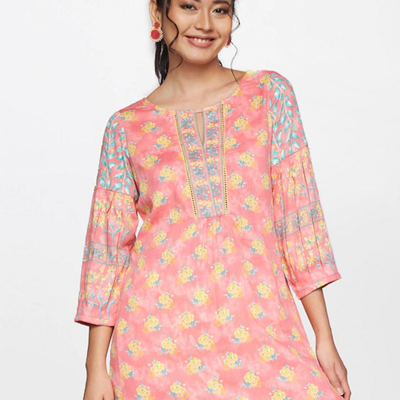 Pink and yellow floral printed tunic