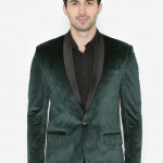 Men Green Solid Single-Breasted Velvet Blazer