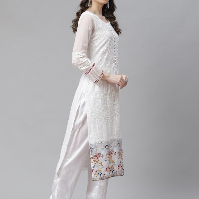 White embroidered unstitched dress material 