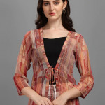 Women Brown Printed Longline Tie-Up Shrug