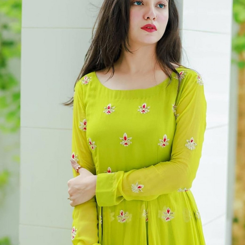 Green embroidered semi-stitched dress material 