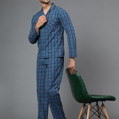 Men Blue Checked Night suit