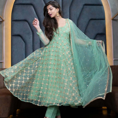 Green and gold-toned embroidered semi-stitched dress material 