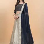 Cream-Coloured & Navy Blue Embellished Sequinned Semi-Stitched Lehenga & Unstitched Blouse