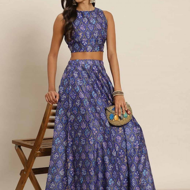 Purple and Blue Printed Ready to Wear Lehenga & Choli