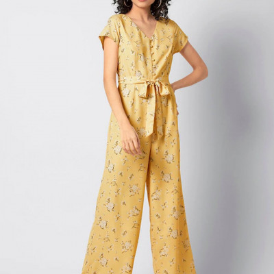 Women Yellow Printed Basic Jumpsuit