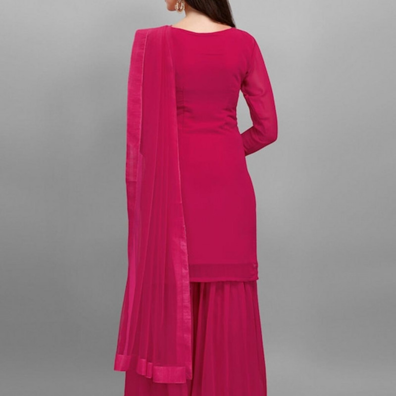 Magenta embroidered semi-stitched dress material