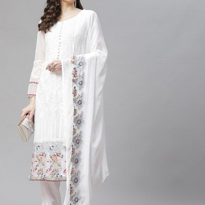 White embroidered unstitched dress material 