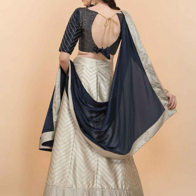 Cream-Coloured & Navy Blue Embellished Sequinned Semi-Stitched Lehenga & Unstitched Blouse