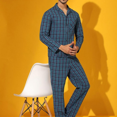 Men Blue Checked Night suit