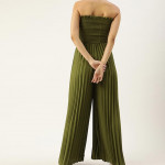 Women Olive Green Solid Accordion Pleated Smocked Basic Jumpsuit